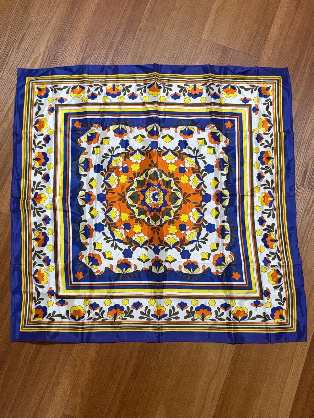 Vibrant Floral Square Scarf in Blue, Orange, Yellow 26x26 inch Made in Japan